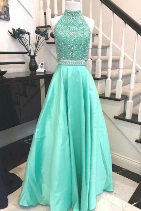 Fashion Two Piece Prom Dresses 2019 New Satin Halter Cheap Light Green Long Evening Gowns
