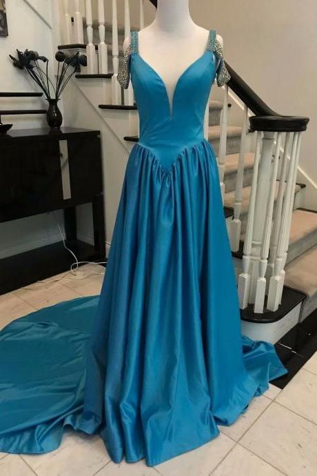 Sexy Backless Blue Prom Dresses 2019 New Satin Deep V Neck Off The Shoulder Long Evening Dress