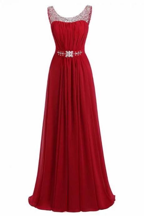 Burgundy Chiffon Evening Dresses 2019 Beading Wedding Party Dress Sheer Neck Long Formal Evening Dress
