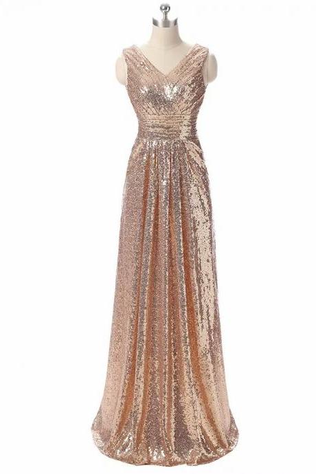 Cheap Gold Evening Dresses 2019 Sequined V Neck Wedding Party Gowns Long Formal Dresses