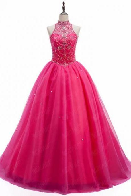 New 2019 Fuschia Evening Dress Pageant Dresses Halter Neck Beading Fashion Evening Gown Beading Tulle Competition Gowns