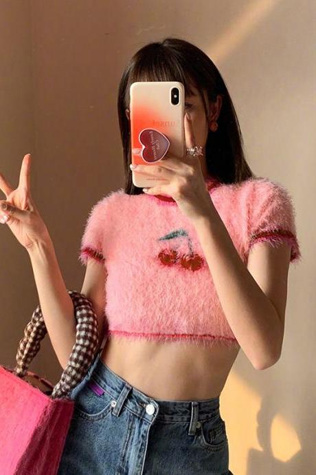 Fashionable summer round neck knitted crop top cherry sweater girl T-shirt 