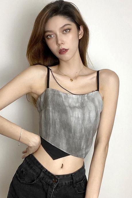High-quality smoke gray suspenders design two-piece vest hot girl summer top