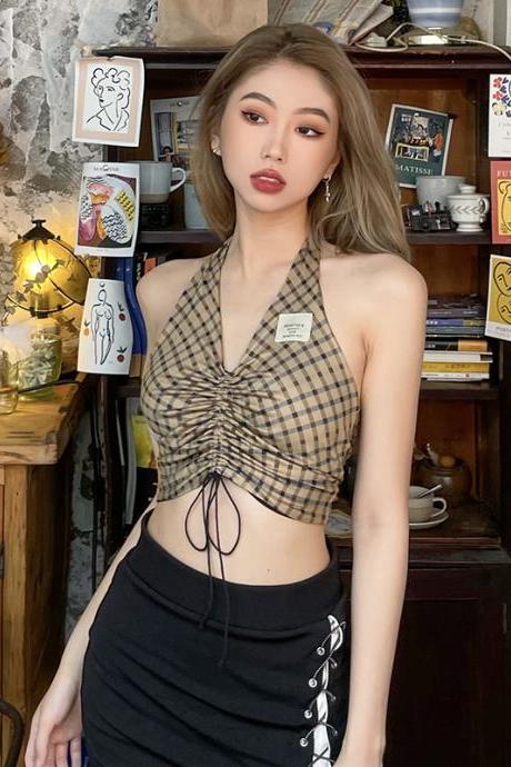 American-style Simple Sweet And Cool Hot Girl Style Suspenders Hanging Neck Type Front And Back Two Wear Short Open Back Top Summer