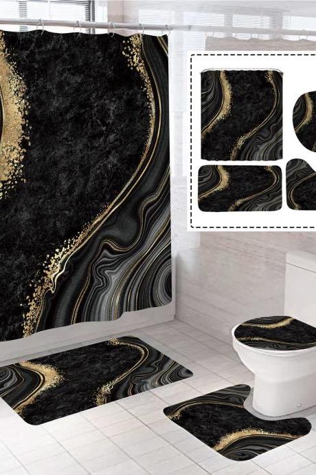 4Pcs Luxury Marble Shower Curtain Sets, Bathroom Sets with Shower Curtain, Toilet Lid Rug, Contour Mat and Bath Mat, Shower Curtain with 12 Hooks for Bathroom Set Decor (72 x 72 Inch), Black