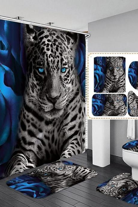 4PCS Blue Rose and Leopard Shower Curtain Set with Non-Slip Rugs, Toilet Lid Cover and Bath Mat, Animal Shower Curtain with 12 Hooks, Durable Waterproof Bathroom Decor Set