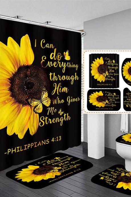 Sunflower Shower Curtain Sets 4 Piece Quotes Butterfly Bathroom Decor Sets with Rugs Include Waterproof Shower Curtain Non-Slip Rug Toilet Lid Cover Bath Mat and 12 Plastic Hooks