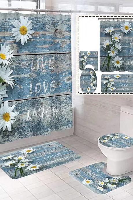White Flower Daisy Valentine’s Day Shower Curtain Set Bathroom Sets with Rugs and Accessories Non-Slip Rugs,Toilet Lid Cover and Bath Mat Waterproof Shower Curtains