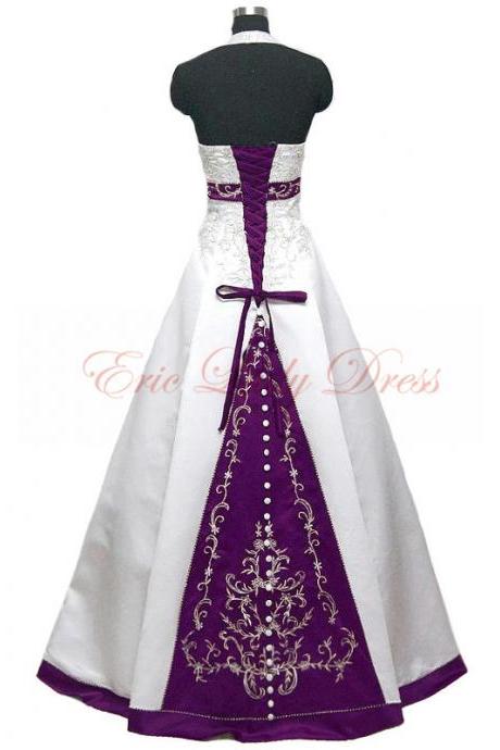 2015 Wedding Dresses,halter White And Purple Embroidery Wedding Dresses, 2015 Satin Wedding Dresses,plus Size Wedding Dresses,wedding