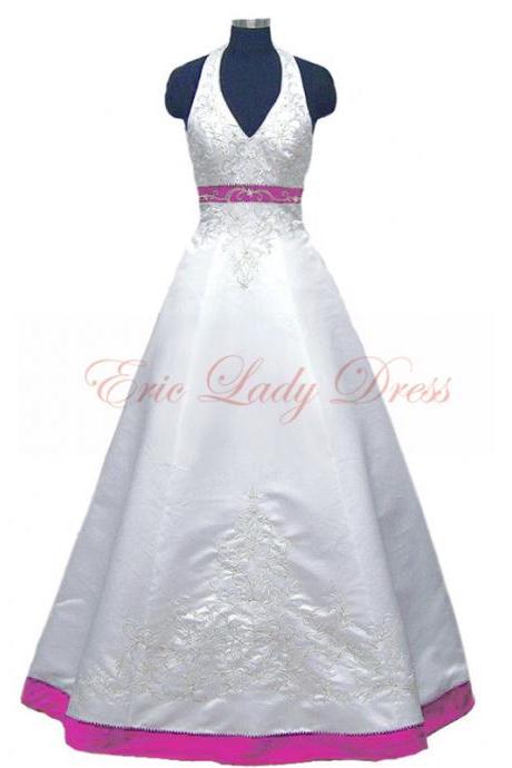 2015 Wedding Dresses,halter White And Fuschia Embroidery Wedding Dresses, 2015 Satin Wedding Dresses,plus Size Wedding Dresses,wedding