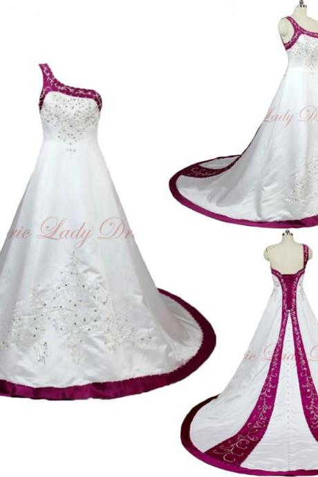 2015 Wedding Dresses,white And Fuschia Embroidery Wedding Dresses, One Shoulder Wedding Dresss,2015 Satin Wedding Dresses,plus Size Wedding