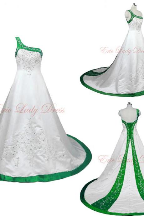 2015 Wedding Dresses,white And Green Embroidery Wedding Dresses, One Shoulder Wedding Dresss,2015 Satin Wedding Dresses,plus Size Wedding