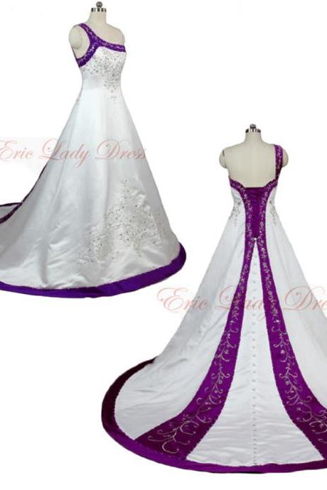 2015 Wedding Dresses,White And Purple Embroidery Wedding Dresses, One Shoulder Wedding Dresss,2015 Satin Wedding Dresses,Plus Size Wedding Dresses,Beaded Sequined Wedding Dress,Wedding Gowns,Bridal Gowns