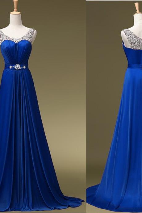 2016 Blue V Neck Beaded Evening Dresses Long Elegant Prom Dress Robe De Soiree Formal Gowns