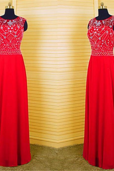 2016 Red Long Elegant Backless Prom Dress Real Photo Chiffon Crystal Sheer Neck Evening Dresses Robe De Soiree Formal Gowns