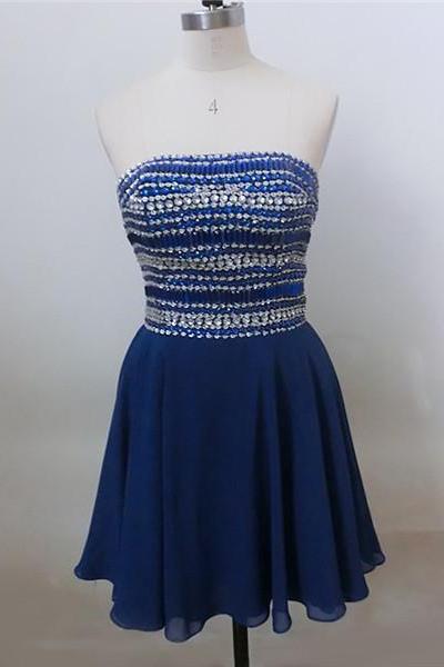 2016 Beaded Short Prom Dress Real Photo Chiffon Sweetheart Blue Evening Dresses Homecoming Cocktail Dress Robe De Soiree Formal Gowns