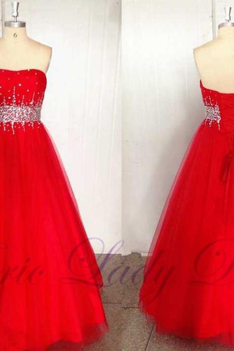 Long Red Evening Dresses Beaded Sweetheart Tulle Prom Dresses 2016 Real Photo Homecoming Cocktail Graduation Party Dresses Robe De Soiree Formal Gowns