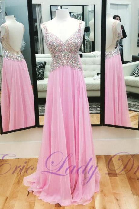 Long Pink V Neck Evening Dresses Beaded Chiffon Backless Prom Dresses 2016 Real Photo Homecoming Cocktail Graduation Party Dresses Robe De Soiree