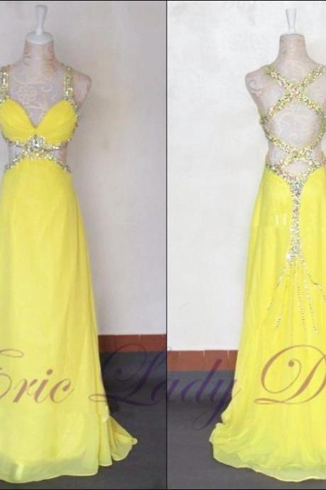 Sexy Yellow V Neck Evening Dresses Beaded Chiffon Long Elegant Prom Dresses 2016 Real Photo Women Party Dresses Formal Gowns