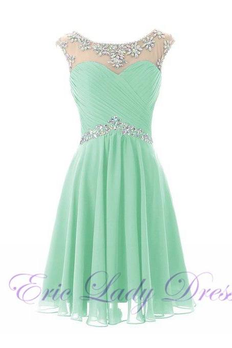 Light Green Graduation Cocktail Dresses Short Evening Dresses Sheer Neck Crystal Chiffon Beaded Prom Dresses 2016 Real Photo Women Party Dresses Formal Gowns