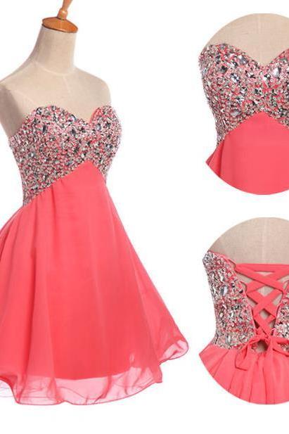 Watermelon Red Graduation Cocktail Dresses Crystal Short Evening Dresses Sweetheart Crystal Chiffon Mini Prom Dresses 2016 Real Photo Women Party