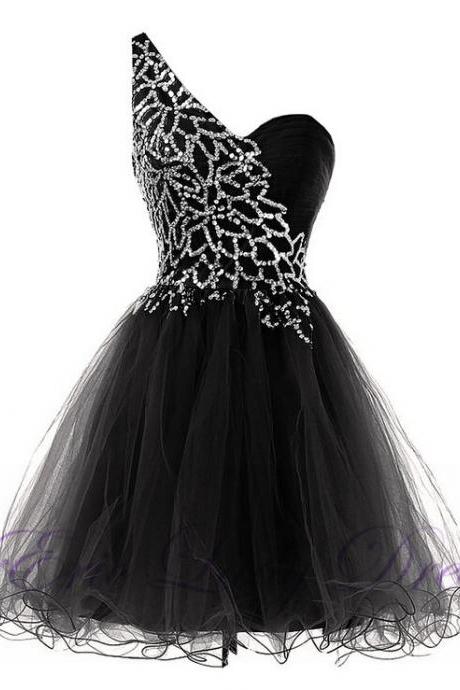 Luxury Black Beaded One Shoulder Mini Prom Dresses Short Evening Dresses 2016 Graduation Cocktail Dresses Real Photo Women Party Dresses Formal