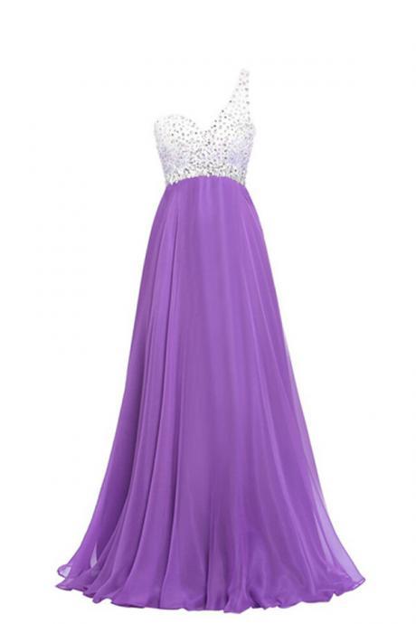 Beaded Embellished One-shoulder Sweetheart Purple Chiffon Floor Length A-line Prom Dress Featuring Open Back