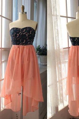 Chiffon High Low Strapless Sweetheart Coral And Black Prom Dress , Party Dresses, Evening Dresses, Long Prom Dress 2016,graduation Dresses