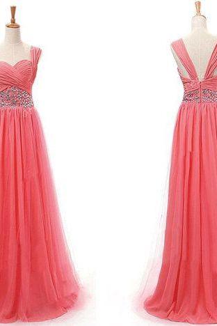 2016 Elegant Floor Length Coral Tulle V Neck Prom Dress , Party Dresses,long Evening Dresses, Long Prom Dress 2016,graduation Dresses