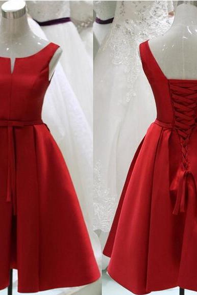 Sexy Knee Length V Neck Red Satin Prom Dress , Graduation Dresses 2016,party Dresses,red Evening Dresses, Short Prom Dress 2016,