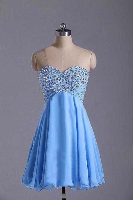 Cocktail Dresses 2016,sweety Mini Sweetheart Blue Chiffon Evening Dress ,party Dresses,evening Dresses, Mini Prom Dress 2016