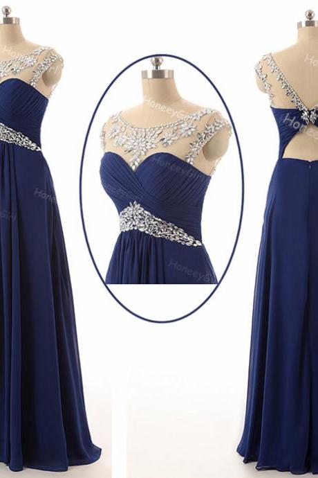 Navy Blue Sheer Neck Bridesmaid Dress,Long A Line Dark Blue Bridesmaid Dresses,Elegant Long Cheap Prom Dresses Party Evening Gown