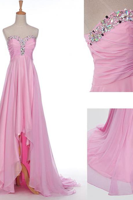 Luxury High Low Pink Bridesmaid Dresses,High Low Zipper Sweetheart A Line Bridesmaid Dresses, Sexy Pink Crystal Beaded Bridal Dresses ,Long Elegant Prom Dresses Party Evening Gown