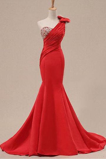 Elegant Red Bridesmaid Dresses,floor Length Zipper Mermaid Bridesmaid Dresses, Sexy One Shoulder Red Bridal Dresses ,long Elegant Prom Dresses