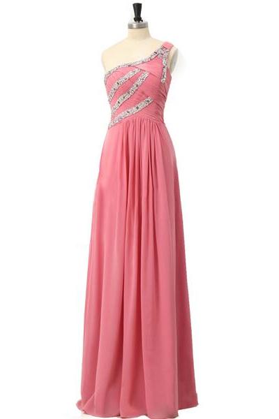Elegant Pink Bridesmaid Dresses,floor Length Zipper A Line Bridesmaid Dresses, Sexy One Shoulder Watermelon Red Bridal Dresses ,long Elegant Prom