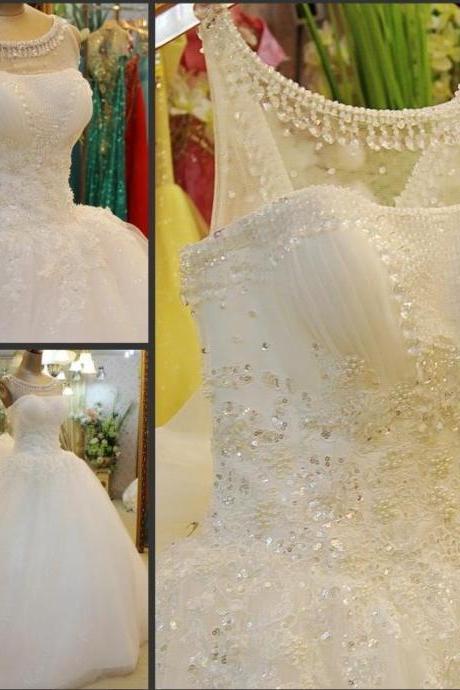 Wedding Dress, Wedding Dresses,2016 Luxury Wedding Dresses, White Sheer Neck Chapel Train Tulle Wedding Dresses,Custom Made Wedding Dresses