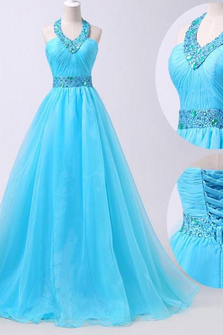 Prom Dress,long Elegant Prom Dress,halter Prom Dresses,custom Made Prom Dresses,chiffon Prom Dress, Long Blue Prom Dress,2016 Prom Dresses