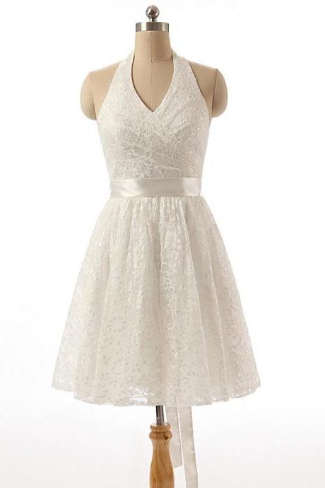 Prom Dress,halter Prom Dress,white Lace Prom Dresses,custom Made Prom Dress, Vintage Prom Dress, Short Prom Dresses,2016 Prom Dresses