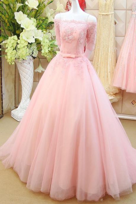 Elegant Long Pink Prom Dresses Sexy Boat Neck Half Sleeve Evening Dresses 2016 Real Photo Women Party Dresses Formal Gowns