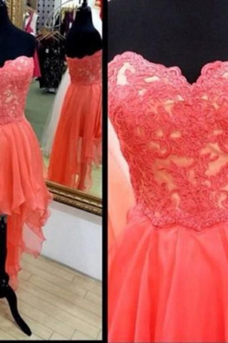 Elegant High Low Coral Bridesmaids Dresses Sexy Sweetheart Chiffon Evening Dresses 2016 Real Photo Women Party Dresses Formal Prom Gowns