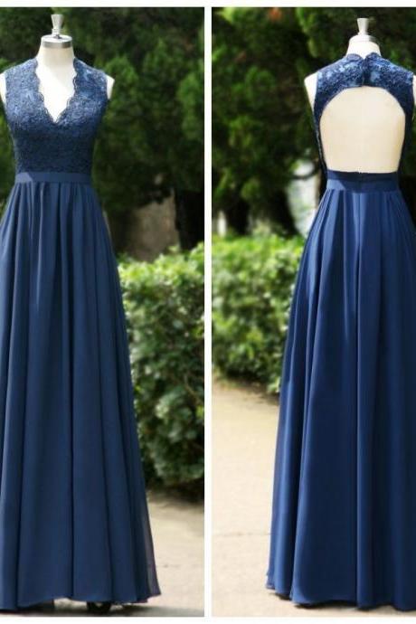Elegant Long Navy Blue Bridesmaids Dresses With Lace Appliques Sexy V Neck Backless Evening Dresses 2016 Real Photo Women Party Dresses Formal