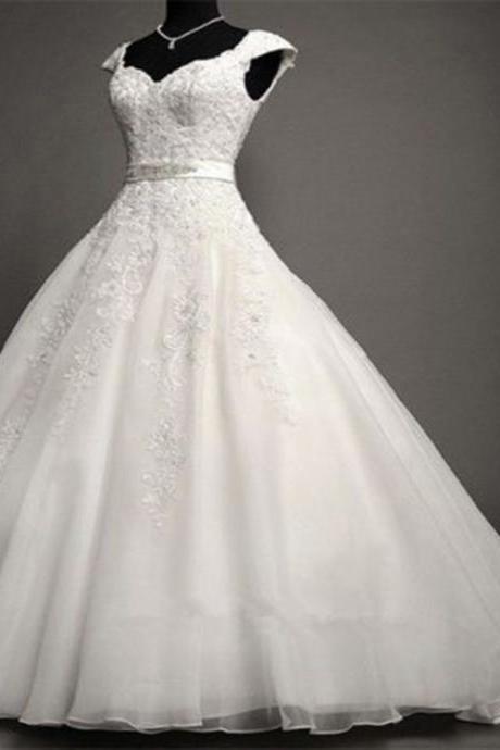 2016 Ball Gown Organza V Neck Wedding Dresses With Applique Open Back White Bridal Gown Lace-Up Back