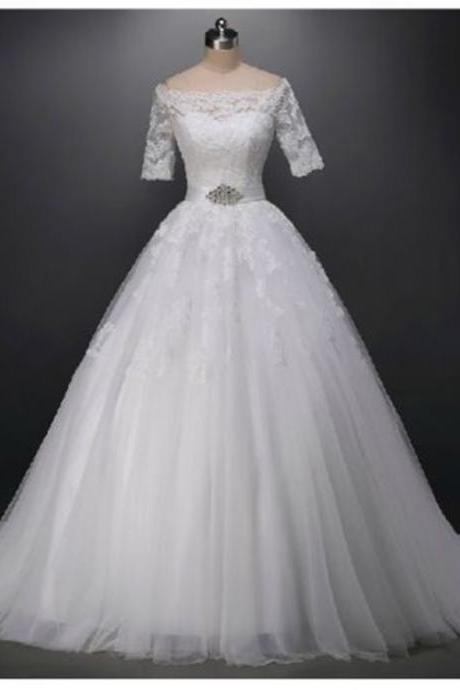 2016 Half Sleeve Wedding Dresses Floor Length Boat Neck Tulle Bridal Gown Lace-Up Back Chapel Train 