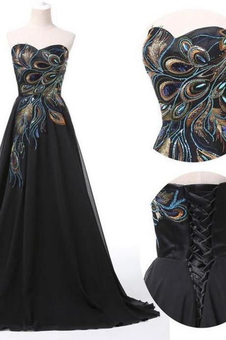 Black Prom Dresses,phoenix Embroidery Evening Dresses, Sexy Prom Dress,a Line Prom Dresses, Chiffon Prom Dress,strapless Evening Dress