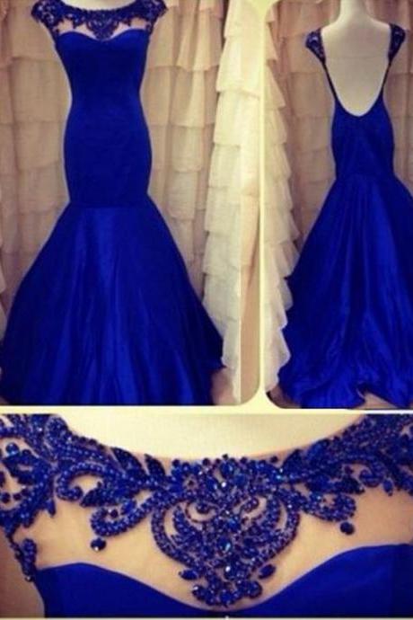 Blue Prom Dresses,sheer Neck Evening Dresses, Mermaid Prom Dress,backless Prom Dresses, Sexy Evening Dress