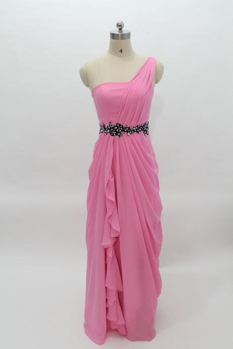 2016 Pink Bridesmaid Dress,Floor Length One Shoulder Bridesmaid Dresses,Elegant Long Cheap Prom Dresses Party Evening Gown