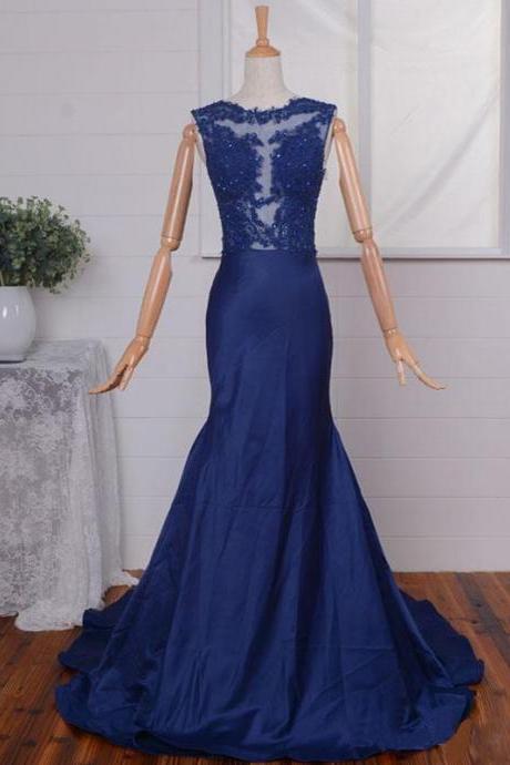Navy Blue Mermaid Prom Dresses Long Elegant Taffeta Sheer Neck Evening Dresses 2016 Real Photo Women Party Dresses Formal Gowns