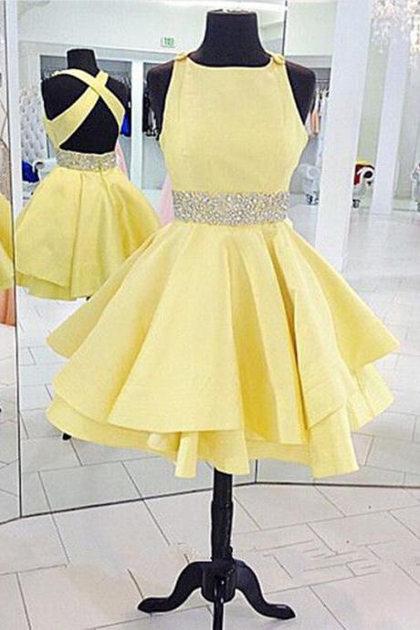 Short Prom Gowns Yellow Prom Dress Homecoming Dresses Graduation Dresses Mini Satin Strapless Prom Dresses