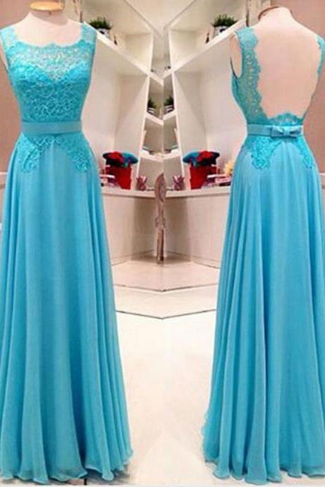 2016 Blue Chiffon Prom Dresses Sexy Long Sexy Backless Evening Dresses Scoop Sleeveless Prom Gowns Party Dress Robe De Soiree
