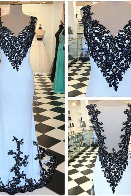 2016 V Neck Mermaid Prom Dresses With Black Appliques Sexy Backless Evening Dresses Sleeveless Prom Gowns Party Dress Robe De Soiree